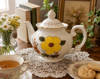 Vintage Teapot Made in Japan | Yellow Orange Floral Porcelain, Gold Trim