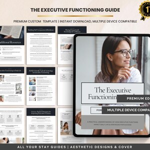 Può includere: Una guida digitale intitolata "The Executive Functioning Guide" su un tablet, con una donna con gli occhiali. La guida tratta argomenti come l'autocompassione e gli strumenti per l'ADHD. Il testo include "Premium Custom Template" e "Multiple Device Compatible".