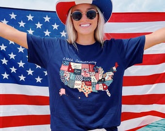 250th Anniversary USA Map T-Shirt, Patriotic America States Shirt, Preppy USA Map Tee, 4th of July Shirt, America Birthday Shirt, USA Pride