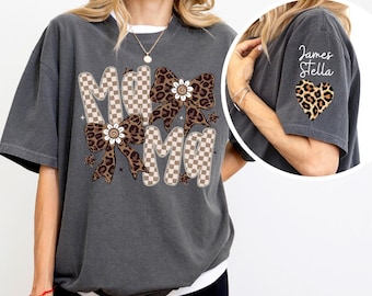 Custom Leopard Mama Shirt With Kid Name On Sleeve, Personalized Mom T-shirt, Gift For Mom, Mothers Day Gift, Mama Comfort Colors® Shirt