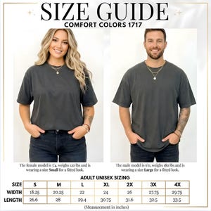 Op de afbeelding: Maattabel voor Comfort Colors 1717 t-shirts. De afbeelding toont een vrouw en een man die de shirts dragen. De maattabel bevat afmetingen in inches voor breedte en lengte, vari&euml;rend van maat S tot 4X. Het vrouwelijke model is 1,63 m lang en draagt Small. Het mannelijke model is 1,83 m lang en draagt Large.