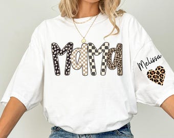 Custom Leopard Momma Shirt With Kid Name On Sleeve, Comfort Colors Personalized Mom Shirt,Gift For Mom, Mothers Day Gift,Mama Est Year Shirt