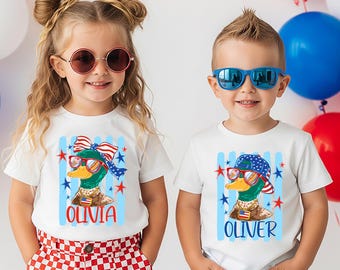 Custom Kids Duck Shirt, Personalized 4th of July Toddler Shirt, Patriotic Duck T-Shirt, Custom Name Kids Tee, Boys Girls USA Shirt