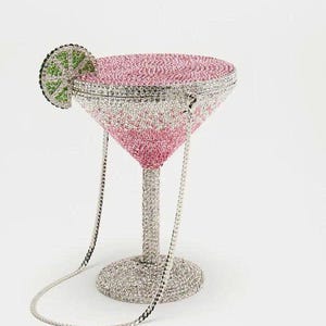 Pink Martini Glass Crystal Clutch, 3D Novelty Cocktail Drink Evening Bag, Sparkling Pink Combo Party Purse, Unique Statement Jewelry Handbag