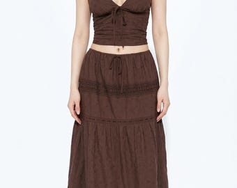 Chocolate Camille Eyelet Maxi Skirt Set Boho Two Piece Summer Dress, Embroidery Cotton Outfits, Festival Clothing, Romantic Vacation Wear