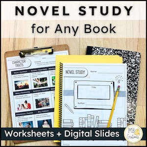 Può includere: Una raccolta di fogli di lavoro e diapositive digitali per lo studio dei romanzi per qualsiasi libro. L'immagine presenta un appunti con tratti del personaggio, un quaderno giallo a spirale e un quaderno di composizione. Una matita è appoggiata sul quaderno giallo.