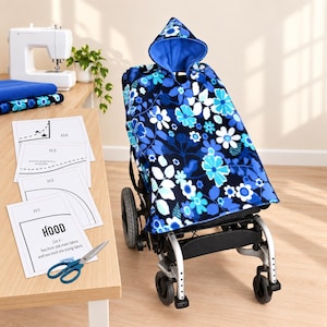May include: A hooded cover for a wheelchair featuring a dark blue fabric with a pattern of light blue and white flowers. The hood is lined with solid blue fabric. Beside the wheelchair are paper sewing patterns labeled H1 through H4.