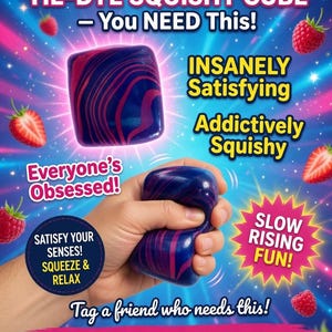 Könnte beinhalten: Ein blau-lila Tie-Dye-Squishy-Cube wird in einer Hand gehalten. Der Text lautet: "VIRAL BLUE RASPBERRY TIE-DYE SQUISHY CUBE - You NEED This!" und "Everyone's Obsessed!". Weitere Texte sind "INSANELY Satisfying" und "Addictively Squishy".