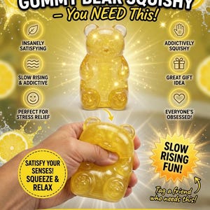 May include: A yellow gummy bear squishy toy with the text "VIRAL LEMONHEAD GUMMY BEAR SQUISHY - You NEED This!" is being squeezed by a hand. The image also includes text such as "Slow Rising Fun!" and "Grab yours before they're gone!"
