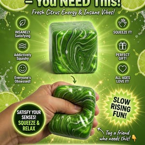 May include: A green and white swirl cube with the text "VIRAL KEY LIME SWIRL CUBE - You NEED This!" and "Fresh Citrus Energy & Insane Vibes!". The cube is being squeezed in a hand. The text "SLOW RISING FUN!" is also visible.