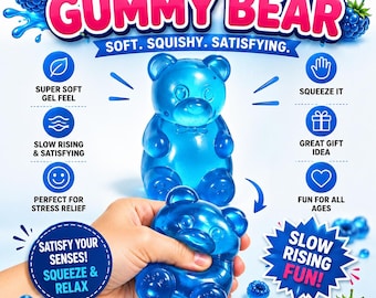Blue Razz Slow Rising Gummy Bear Squishy Toy – Jelly Gel Hand Therapy Fidget, Anxiety Stress Relief Sensory Squeeze Ball for Kids Adults