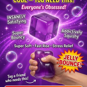 以下が含まれることがあります： 紫色のゼリーキューブの画像。テキストは「Viral Purple Jelly Squishy Cube - You NEED This!」と「Everyone's Obsessed!」です。キューブは手で握られています。追加のテキストには「Insanely Satisfying」、「Super Bouncy」、および「Addictively Squishy」が含まれています。