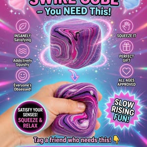 Könnte beinhalten: Werbebild für einen Cotton Candy Swirl Cube, ein quietschendes Spielzeug. Der Würfel ist lila, rosa und weiß mit Marmoreffekt. Der Text enthält "Viral Cotton Candy Swirl Cube - You Need This!" und "Slow Rising Fun!"