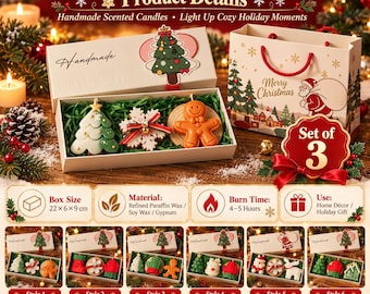 Christmas Scented Candle Gift Set, Set of 3 Holiday Candles, Christmas Tree Gingerbread Reindeer Candle, Gift Box for Her
