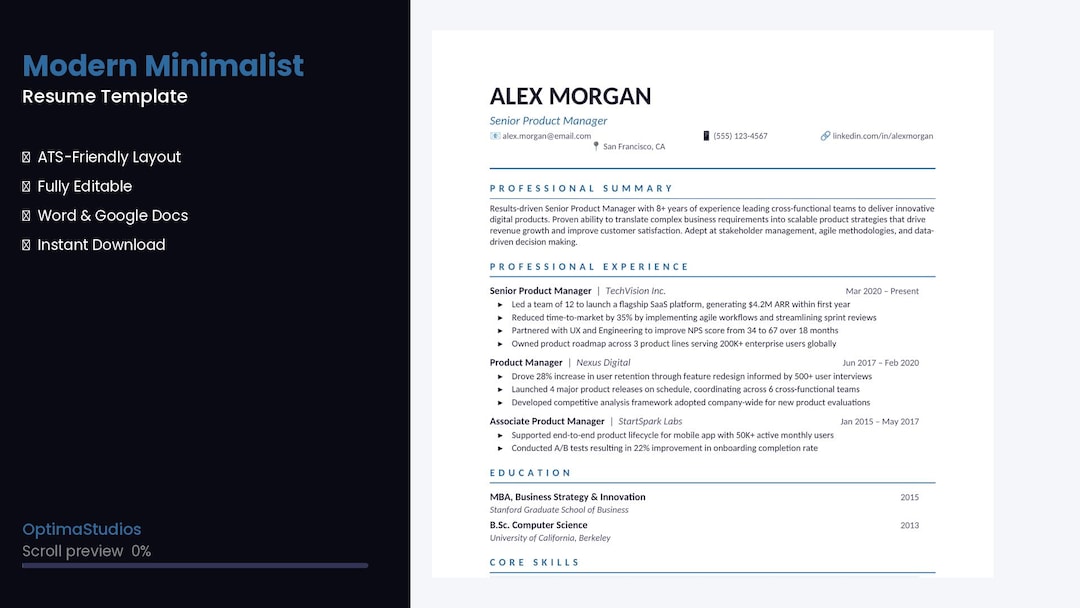ATS Friendly Resume Template Word, Modern Minimalist CV Template ...
