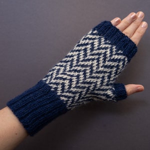 Gants sans doigts en 100% laine d'alpaga, taille M L, bleu crème blanc image 1