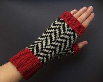 Black Lodge fingerless gloves, chevron pattern, handmade, size S-M, twin peaks inspired, wool