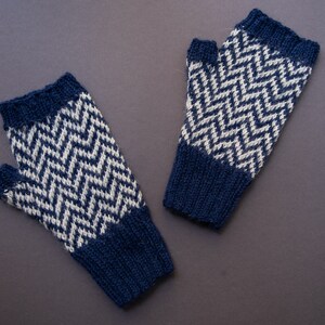 Gants sans doigts en 100% laine d'alpaga, taille M L, bleu crème blanc image 2