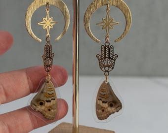 Pendientes de alas de mariposa auténticas – Junonia Orithya Blue Pansy, dije de luna y estrella