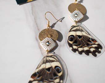 Pendientes de alas de mariposa auténticas con dijes de ojo turco – Joyería navideña de mariposa Papilio Demodocus