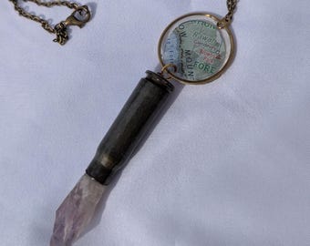 Collar con colgante de bala de amatista y mapa de Colorado, colgante de bala de cristal, joyería gótica occidental, collar de Colorado