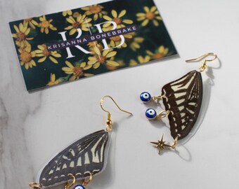 Pendientes de alas de mariposa auténticas con colgantes de ojo turco – Joyería llamativa de Papilio Lycophron