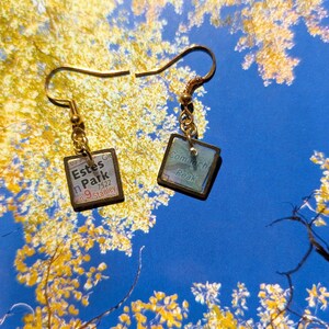 Colorado Map Fragment Earrings – Estes Park & Comanche Peak – Gold Square Cartography Jewelry