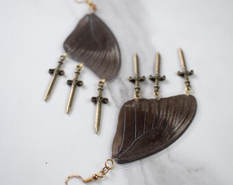Pendientes de alas de mariposa auténticas – Papilio Memnon, colgantes de espada – Joyería artesanal de gran impacto