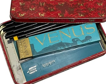 Vintage Selection of Pencils in Original Boxes for Drawing & Drafting - Venus Velvet Soft No.1 - Eagle Turquoise in Plastic Cases