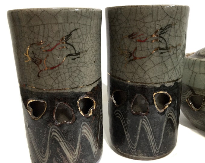 Vintage Soma Ware Pottery Drinking Glasses Japanese Somayaki Ōbori Sōma