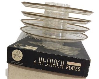 Vintage Plastic Plates (4) Cupholders by HI-SNACK in Original Box - Clear Plastic w/ Gold Glitter - Mid Century 1950s
