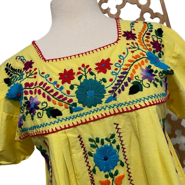 Vintage Handmade Yellow Mexican Huipil Dress w/ Colorful Embroidery - Size Small