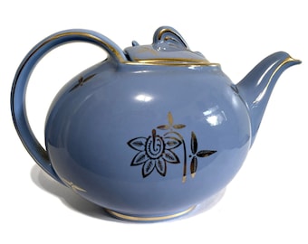 Vintage HALL Hook Cover Ceramic Teapot #0749 - Cadet Blue w/ Gold Flowers - 6 Cup Size - Introduced in 1940