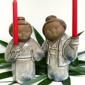 Vintage Japanese Figural Candle Holders: UCTCI Earthenware w/ Box of Candles