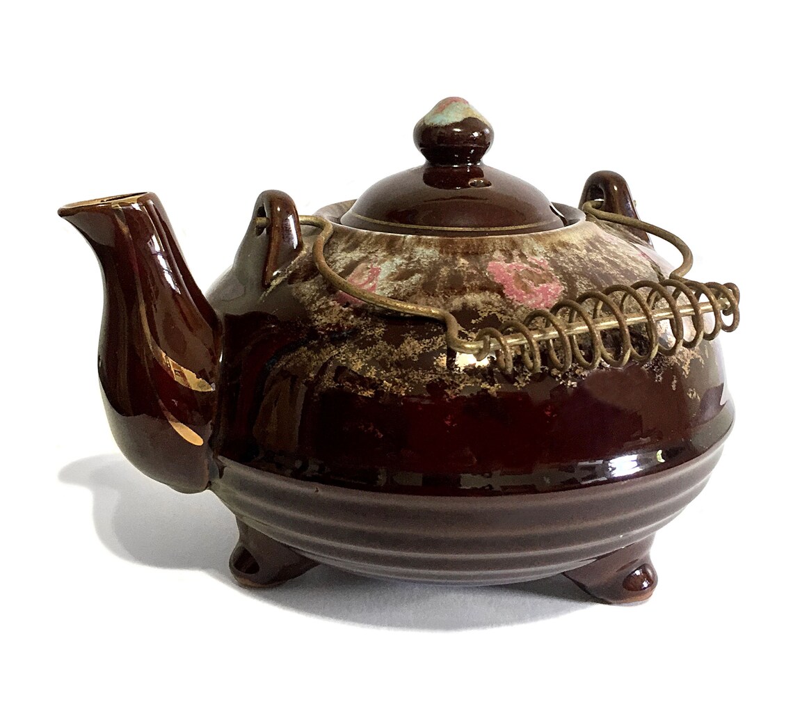 Vintage Brown Drip Glaze Teapot w/ Wire Spring Handle Etsy