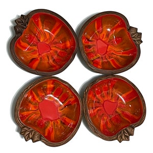 Vintage Ceramic Sequoia Ware Apple Shaped Bowls (Set of 4) with Psychedelic Drip Lava Glaze in Reds & Oranges - California Pottery 801B USA