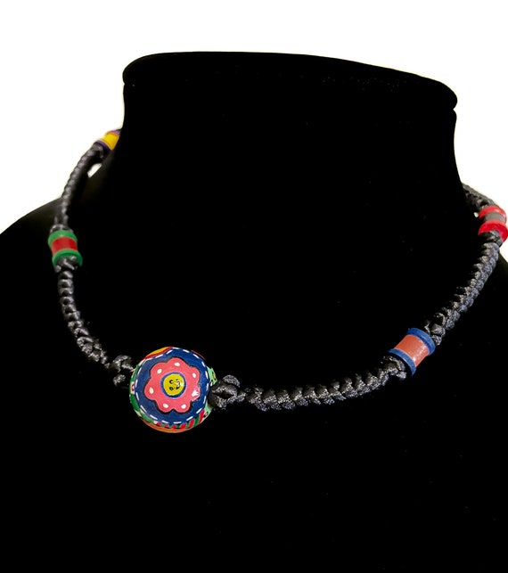 Handmade Pop Art Choker: Painted Wood Bead Necklace, Black Cord