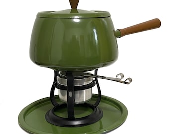 Vintage 1960s Aluminum/Wood Fondue Set in Avocado Green w/ Hard Wood Salt & Pepper Shakers (No Fondue Forks)
