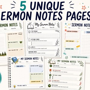 以下が含まれることがあります： 8歳から14歳向けのユニークな説教ノート5ページ。Today's Message、Key Bible Verses、Prayer & Praiseなどのセクションがある様々なレイアウト。山、木、本、星のイラストと濃い青色のテキストがデザインされています。