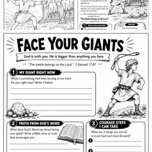 May include: Black and white illustrated activity sheet titled "David and Goliath" with text and images. Features a depiction of David and Goliath, along with prompts for reflection and prayer. Includes the text "Face Your Giants".