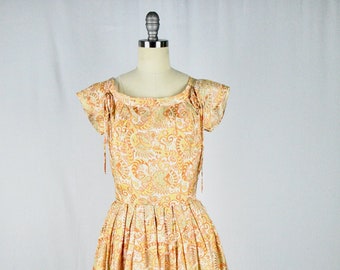 Vintage 1950s Sporcations by Barney Max California Paisley Print Orange All Silk Dress-XS