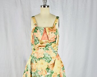 Vintage 1950s Floral Gold Satin Sleeveless Dress by British Designer Paul Jonas