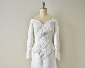 Vintage 1980s-1990s  White Beaded Off- Shoulder Wedding Dress