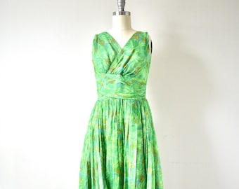 1950s Green Floral Chiffon Dress