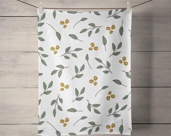 Christmas leaves linen tea towel: gold holiday pattern