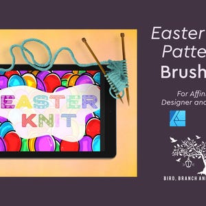 May include: A tablet displays the words "EASTER KNIT" over a colorful Easter egg background. Knitting needles and yarn are positioned around the tablet. The image also includes the text "Easter Knit Patterns Brushset".
