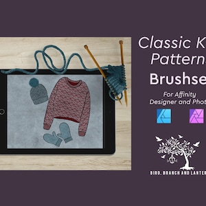 May include: A digital illustration of a knit sweater, hat, and mittens on a tablet. The tablet is on a wooden surface with knitting needles and yarn. Text reads "Classic Knit Patterns Brushset" and "Bird, Branch and Lantern".