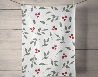 Christmas leaves (red) tea towel