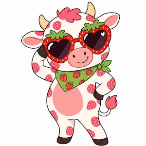 Strawberry Cow Clipart Bundle | 40 Kawaii Farm Animal PNG Images (Digital Download) Transparent Background