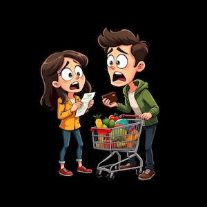 May include: A cartoon illustration of two people with wide-eyed, shocked expressions. One person in a yellow jacket holds a white receipt, while the other in a green hoodie holds a brown wallet next to a metal shopping cart filled with fresh produce.